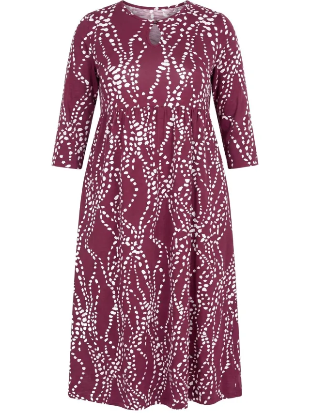 Ulla Popken Dames - Maxi-jurk grafische print A-lijn ronde hals 3/4-mouwen - Donker wijnrood - Maat 46+