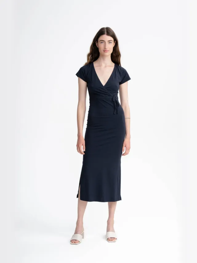 MELA dames vegan Jurk Met V Hals Shreoshi Marineblauw Extra donkerblauw