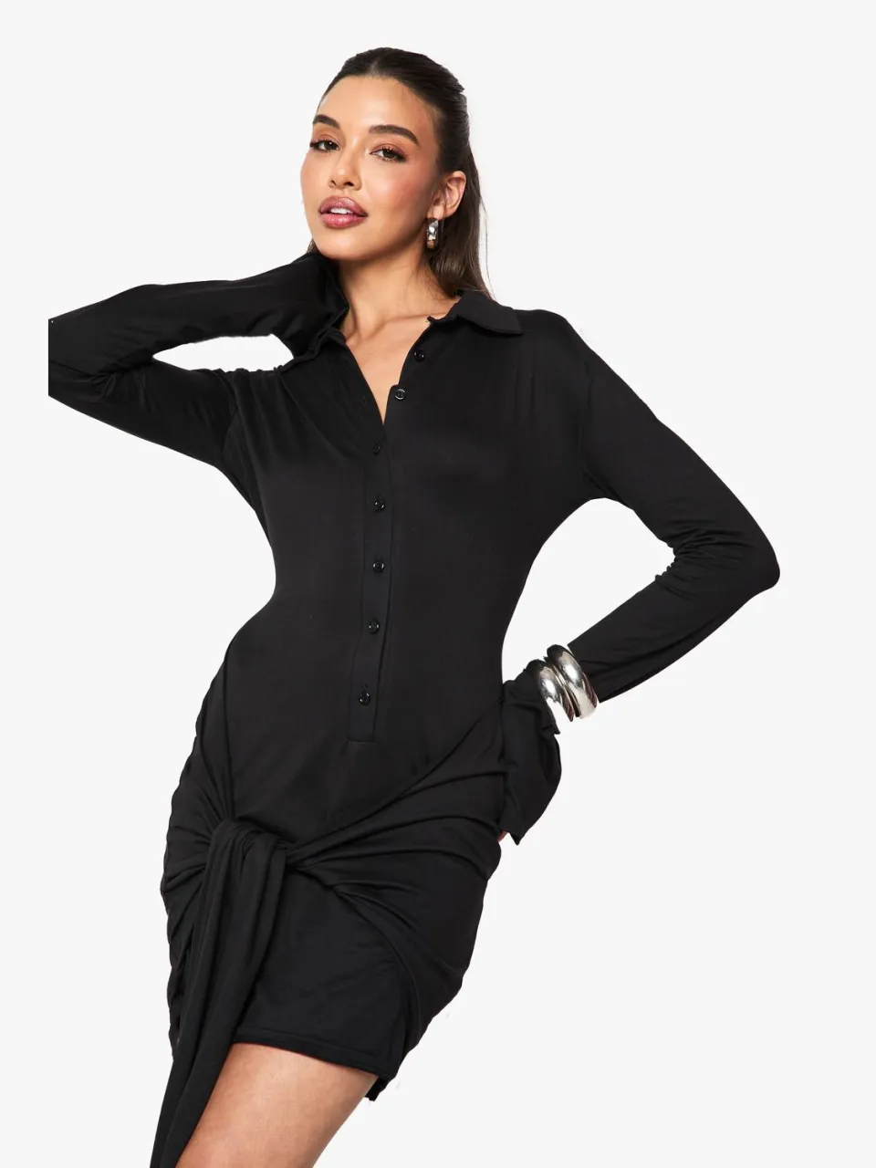 boohoo Dames Button Down Drape Mini Jurk zwart, foto 3
