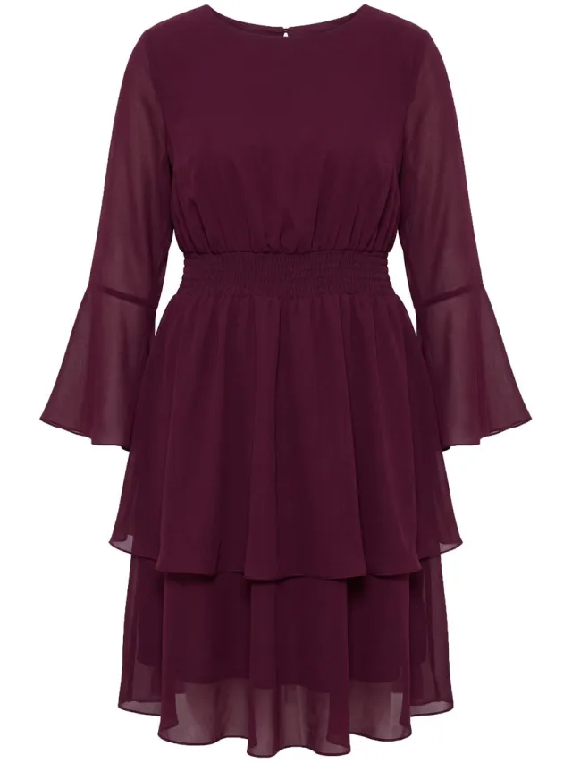 MIAMODA Dames - Chiffonjurk A-lijn midi-lengte volants - Wijnrood