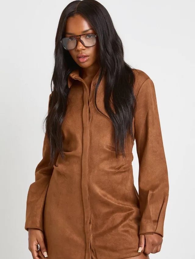 boohoo Dames Namaaksuede jurk met ingesnoerde taille en kraag tan, foto 2