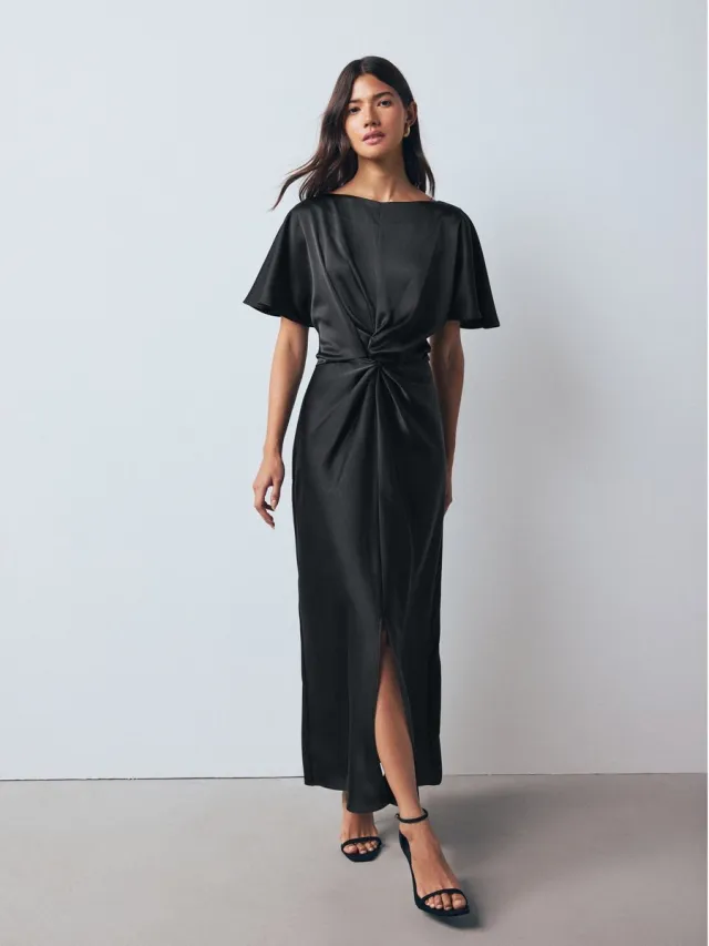 Next Dames - Getextureerde satijnen midi-jurk met korte mouwen en gedraaide voorkant - Zwart Black