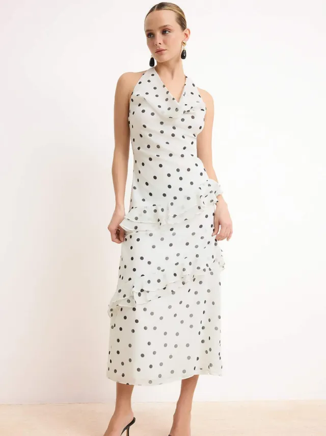 Turkishsouq Mouwloze midi-jurk met stippen voor dames, geschikt voor overdag en 's avonds. Ecru