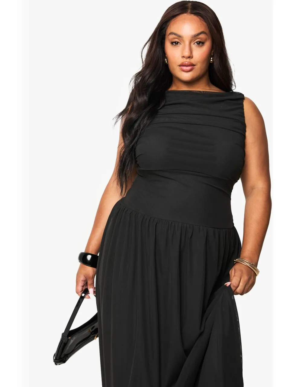 boohoo Dames Plus Mesh Geruched Drop Hem Maxijurk zwart, foto 3