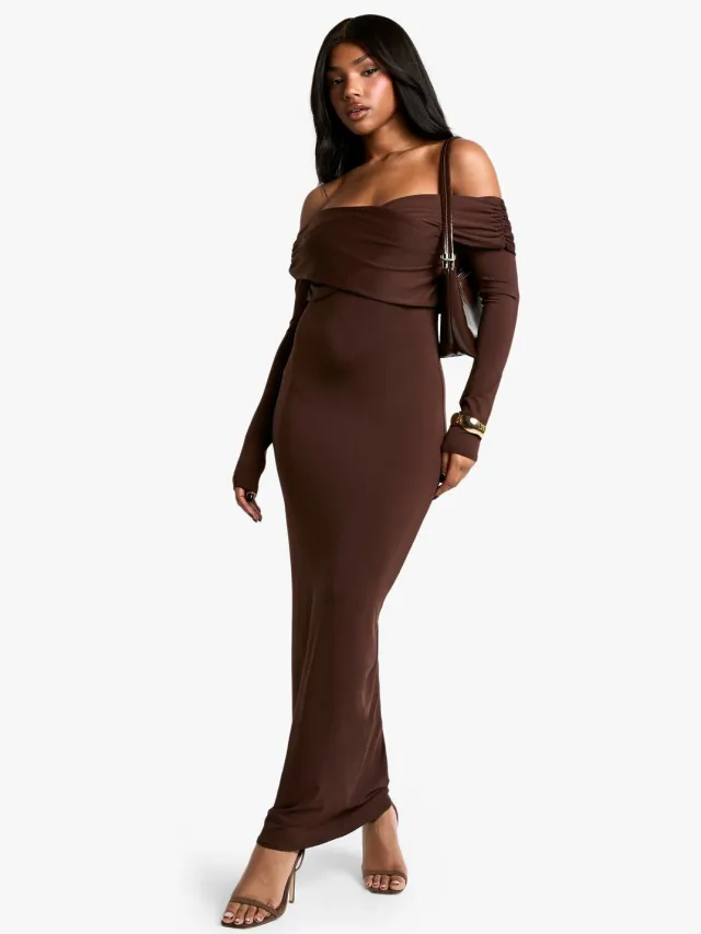 boohoo Dames Soft Touch Twist Bardot Maxi Jurk Chocoladebruin