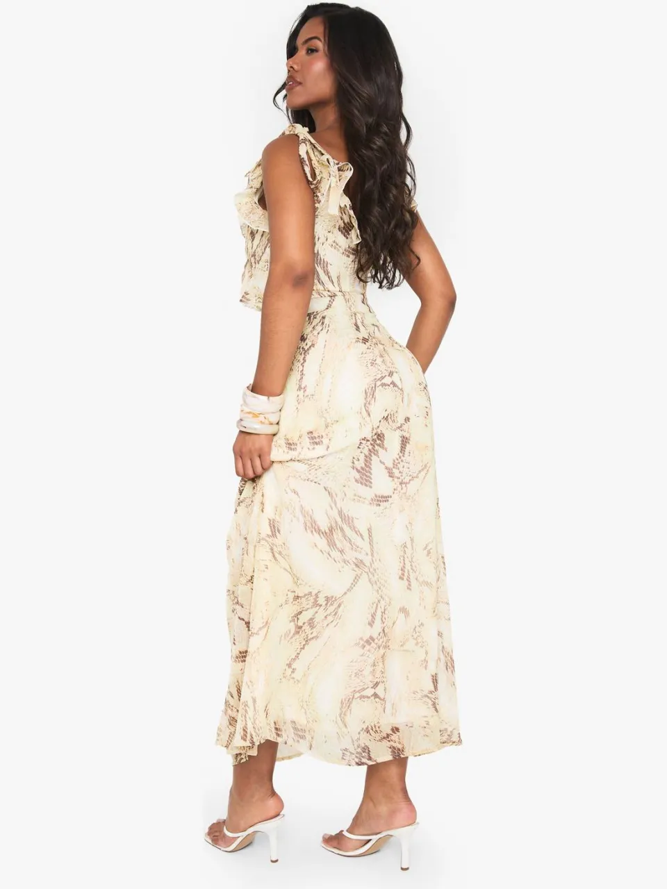 boohoo Dames Snake Chiffon Ruffle Maxi-jurk slangenprint, foto 2
