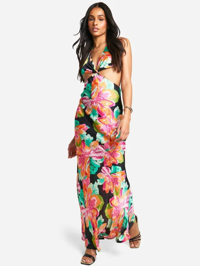 boohoo Dames Lange Chiffon Jacquard Maxi Jurk met Bloemenprint en Uitsnede Zwart