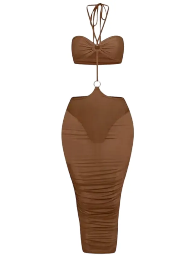 Honeyz Midi-jurk met halternek en mesh-details voor dames, met strakke pasvorm (Bruin)