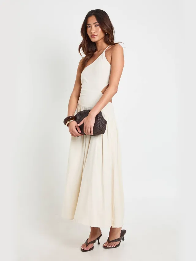 boohoo Dames Premium Linnen Jurk Met Cut-out En Gerimpeld Detail In Midaxi Lengte Natural