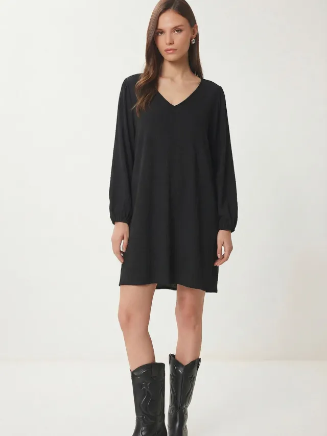 Happiness Istanbul V-hals Losse Pas Mini Jurk Zwart