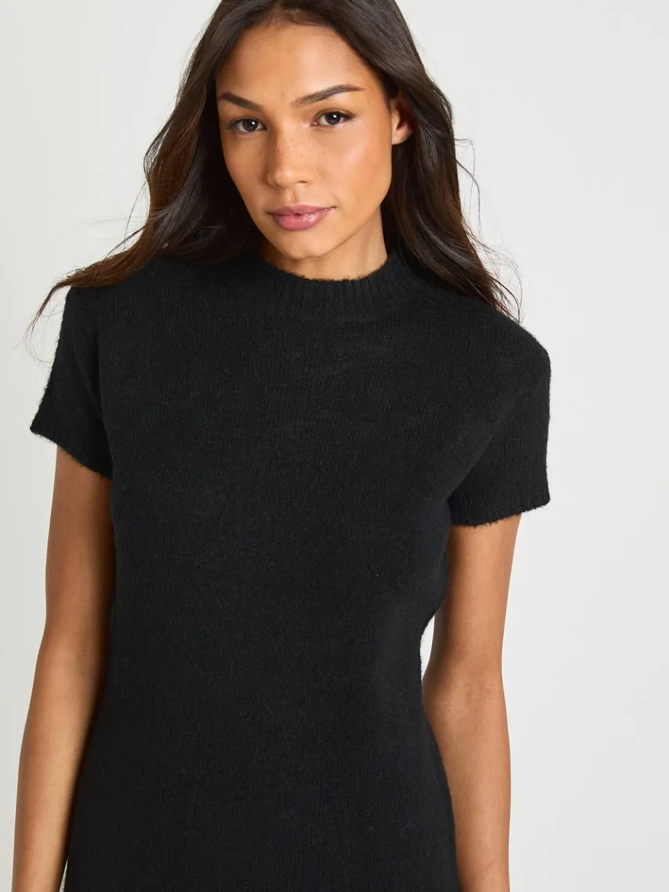 boohoo Dames Lang Hoge Hals Korte Mouw Gebreide Mini-Jurk zwart, foto 3