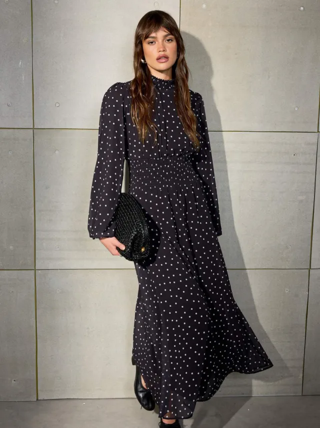 Trendyol Modest Dames Zwart Stippen Maxi Lang Skater Modest Jurken