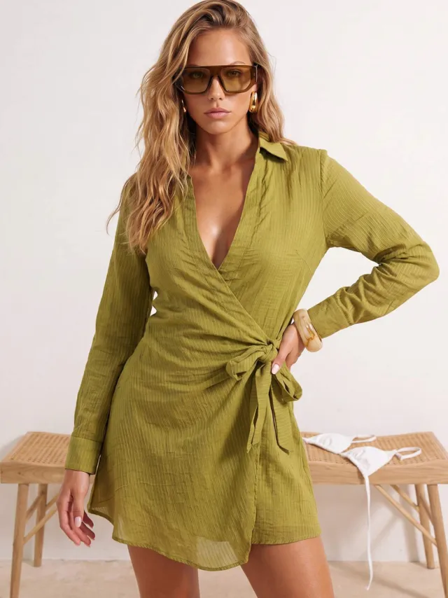 Trendyol TRENDYOLMİLLA Dames Kaki Effen Kort / Mini Lang Strandkleding Double-breasted Strandjurken