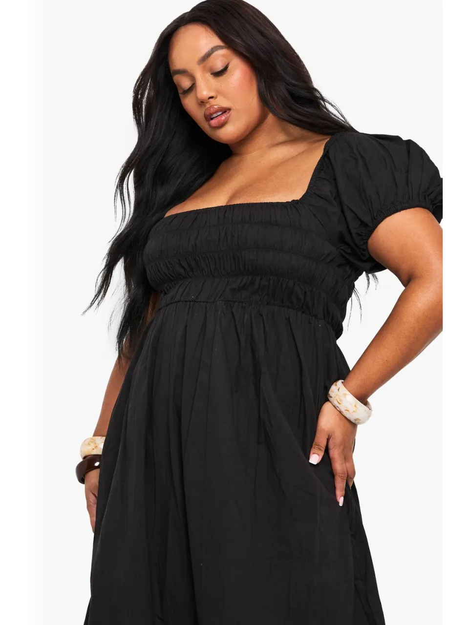 boohoo Dames Plus Cotton Poplin Maxi-jurk met pofmouwen zwart, foto 2
