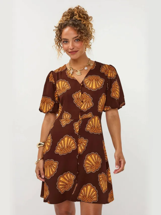 Ydence korte a-lijn jurk met print - bruin Bruin/oranje