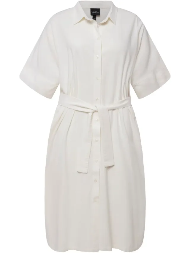 Ulla Popken Dames - midi jurk linnenmix overhemdkraag riem korte mouwen - Off-white - Maat 50+