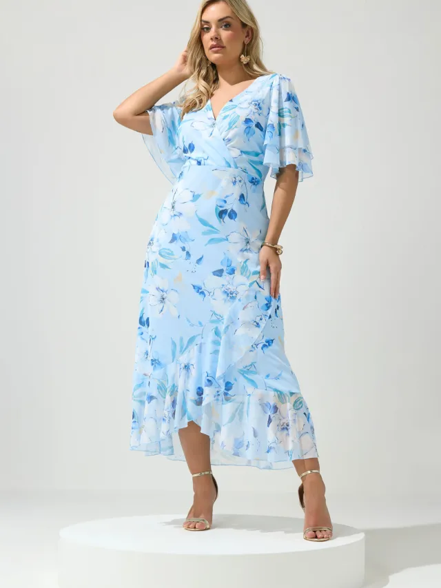 Yours London Blauwe Wikkeljurk Met Bloemenprint En Ruchezoom Blue