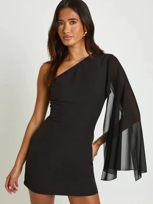 boohoo Dames Asymmetrische Chiffon Mini-jurk Met Éen Mouw Zwart