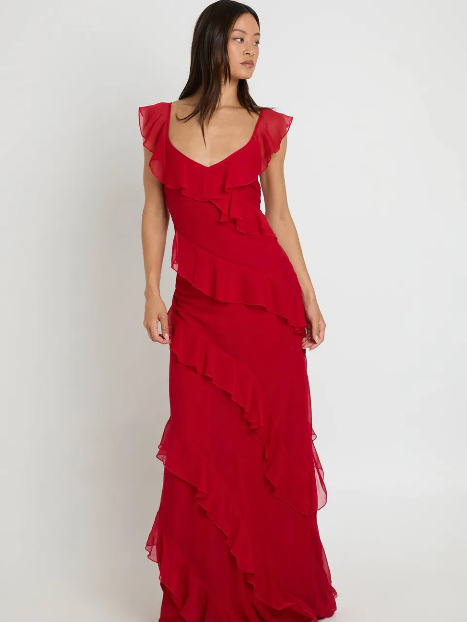 boohoo Dames Lange Chiffon Maxi Jurk Met Ruches Tot Op De Grond rood, foto 3