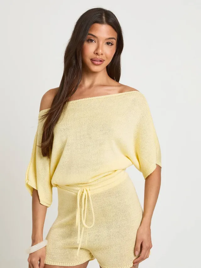 boohoo Dames Luchtig Gebreid Strandvest Met Slash-hals Citroen
