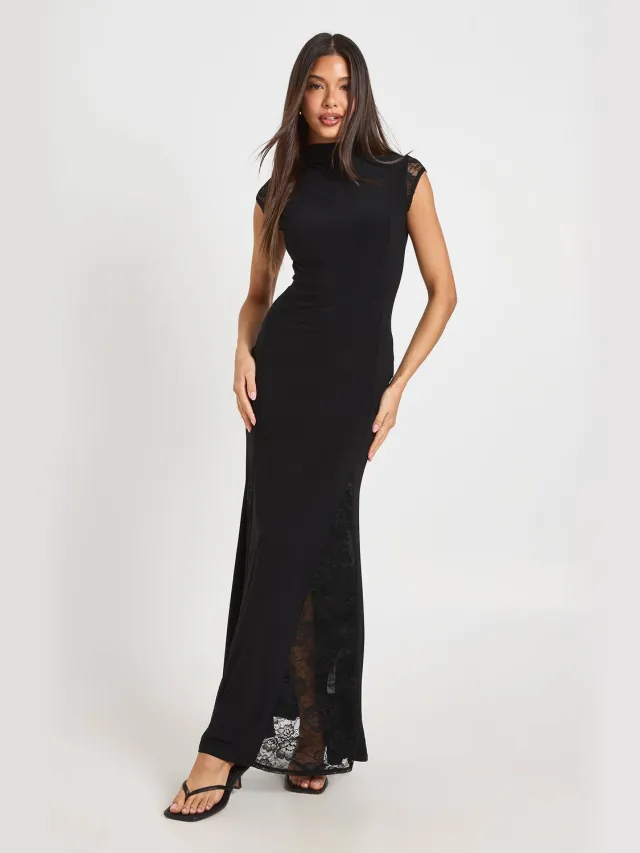 boohoo Dames Slinky Maxi-jurk Met Aangeknipte Hals En Kanten Inzetstukken Zwart