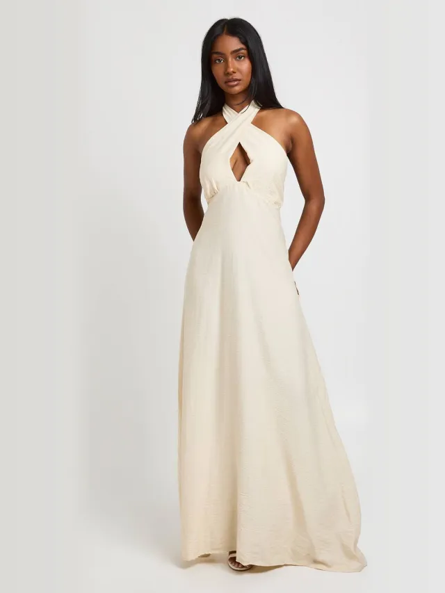 boohoo Dames Getextureerde Geweven Twist Halter Neck Maxi Jurk Crème
