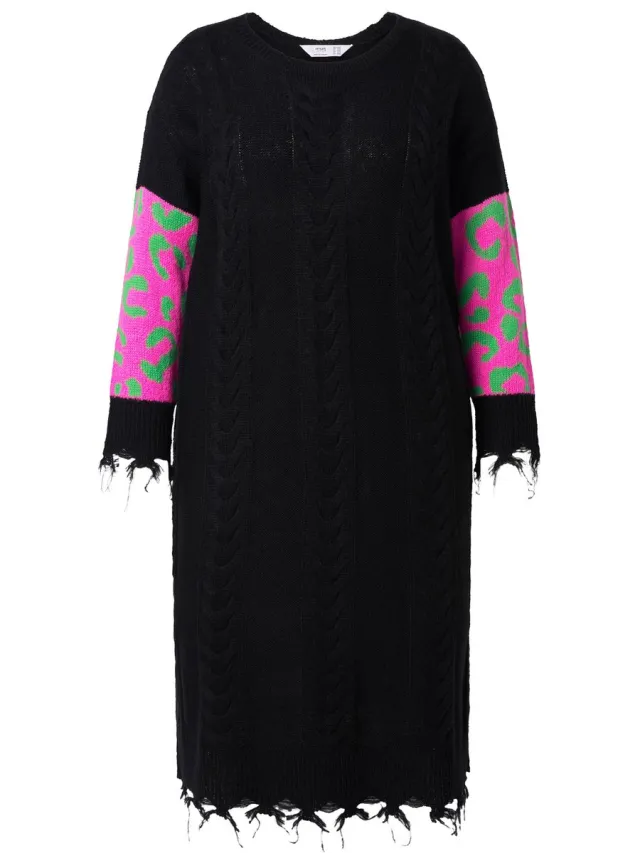 Angel of Style Dames - Gebreide jurk straight fit midilengte franje - Zwart - Maat 50+