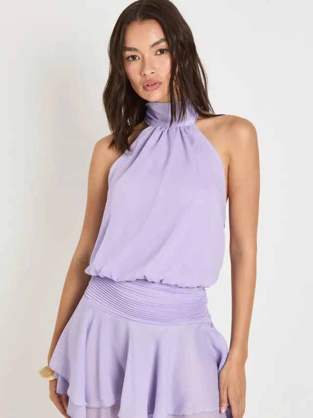 boohoo Dames Gestructureerde Chiffon Mini-jurk Met Halternek En Gerimpelde Taille lila, foto 2