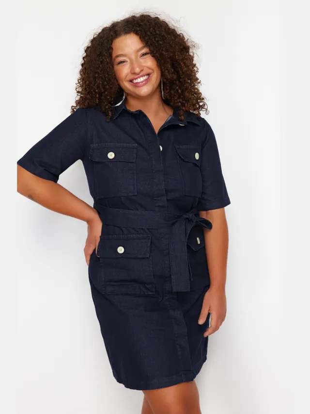 Trendyol Curve Dames Donkerblauw Effen Kort / Mini Kort Casual Blousejurk Grote maten Jurk