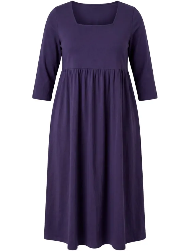 Ulla Popken Dames - Jersey jurk A-lijn carréhals 3/4-mouw - Donker bes - Maat 58+