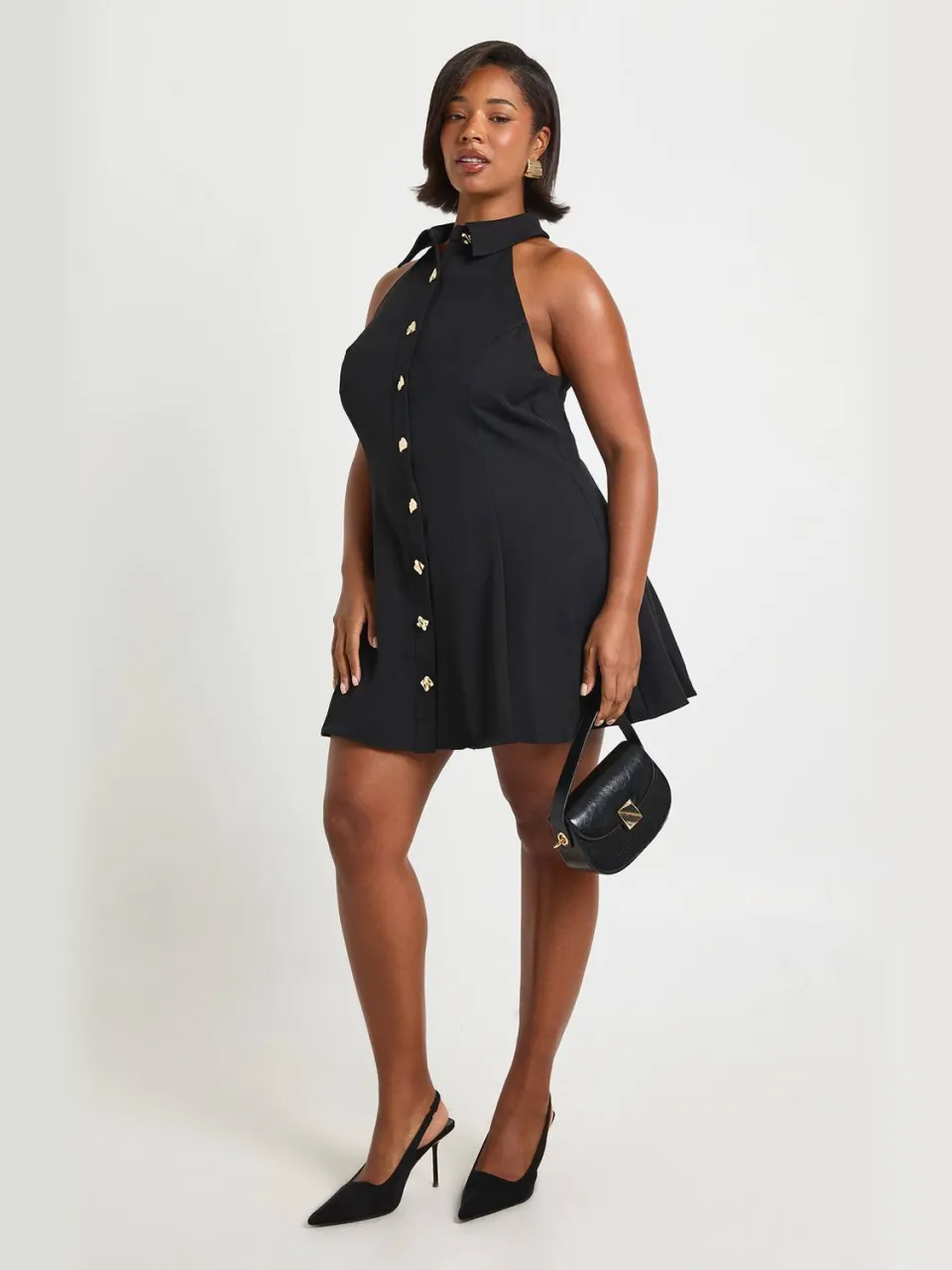 boohoo Dames Plus Gouden Knop Mouwloze Skater Shirtjurk, foto 3