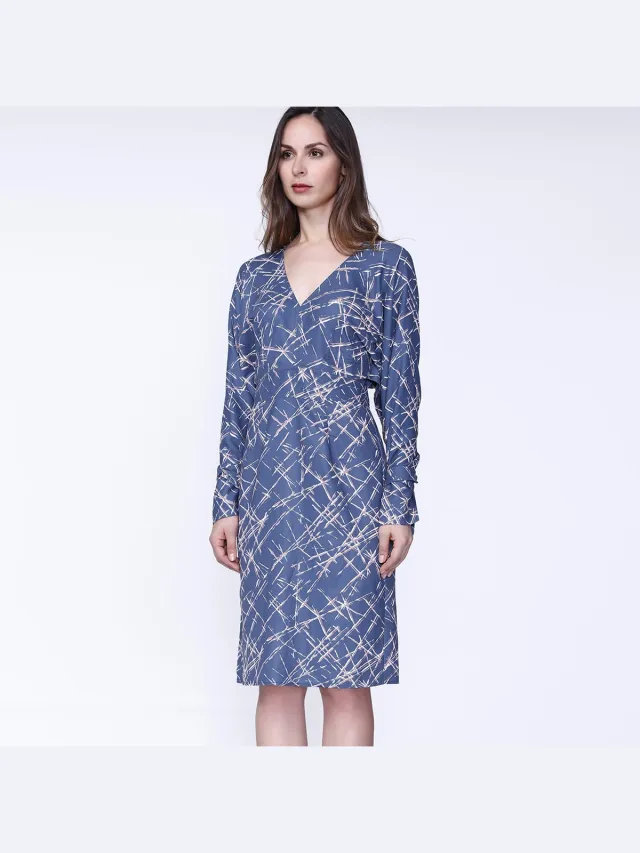 Smart & Joy Geometrische print en v -neck jurk Blauw