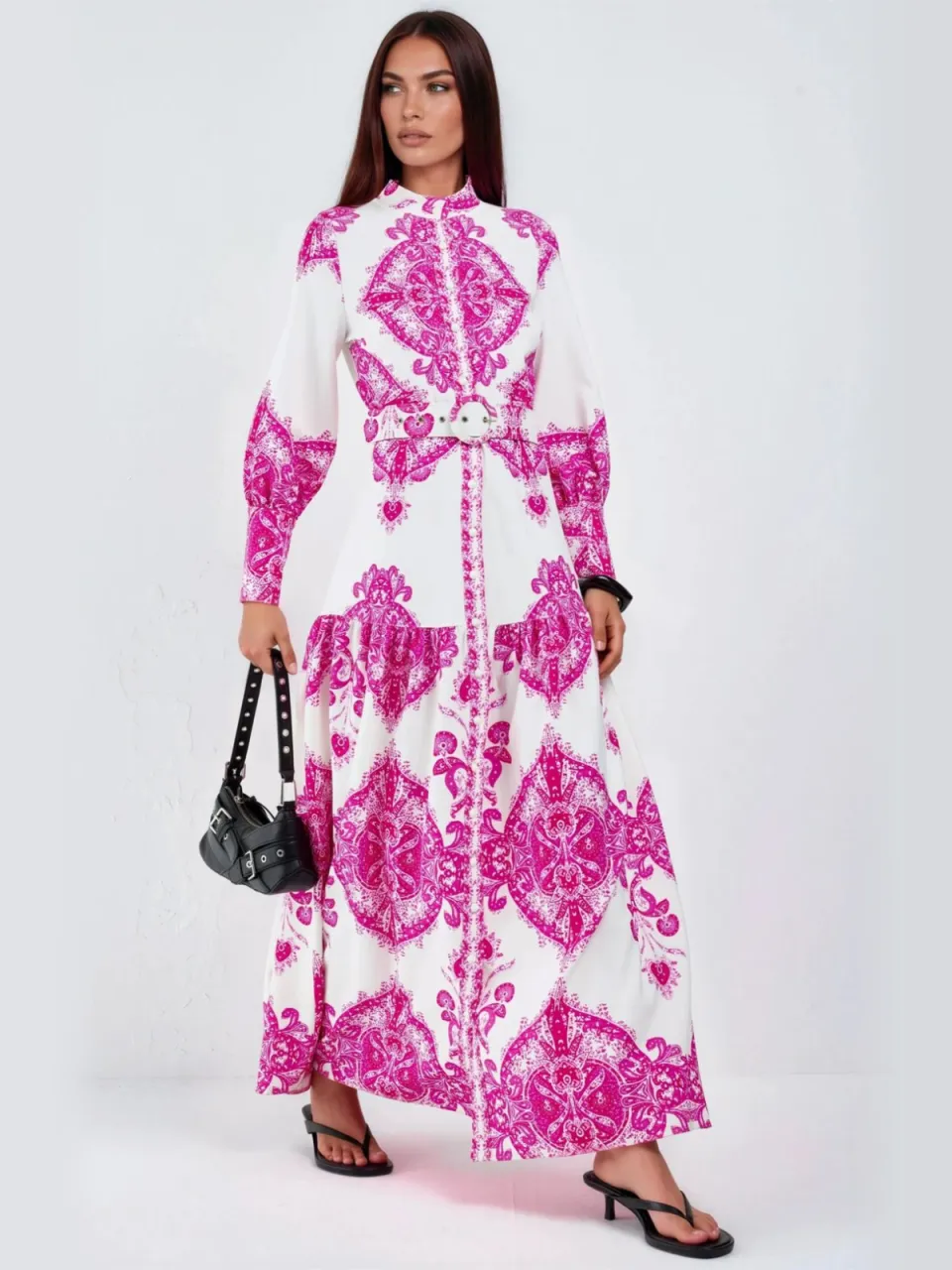 MSN Collection Paisleymotief Maxijurk met Ceintuur en Blouse-Kraag Veelkleurig