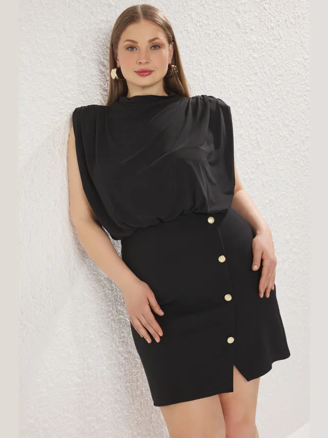 Trendyol Curve Dames Zwart Effen Kort / Mini Lang Casual A-lijn Grote maten Jurk