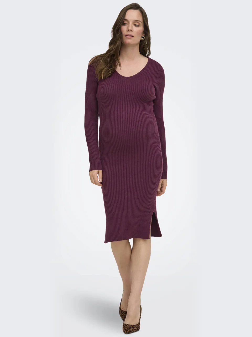 Only MATERNITY gebreide midi jurk V-hals donkerpaars