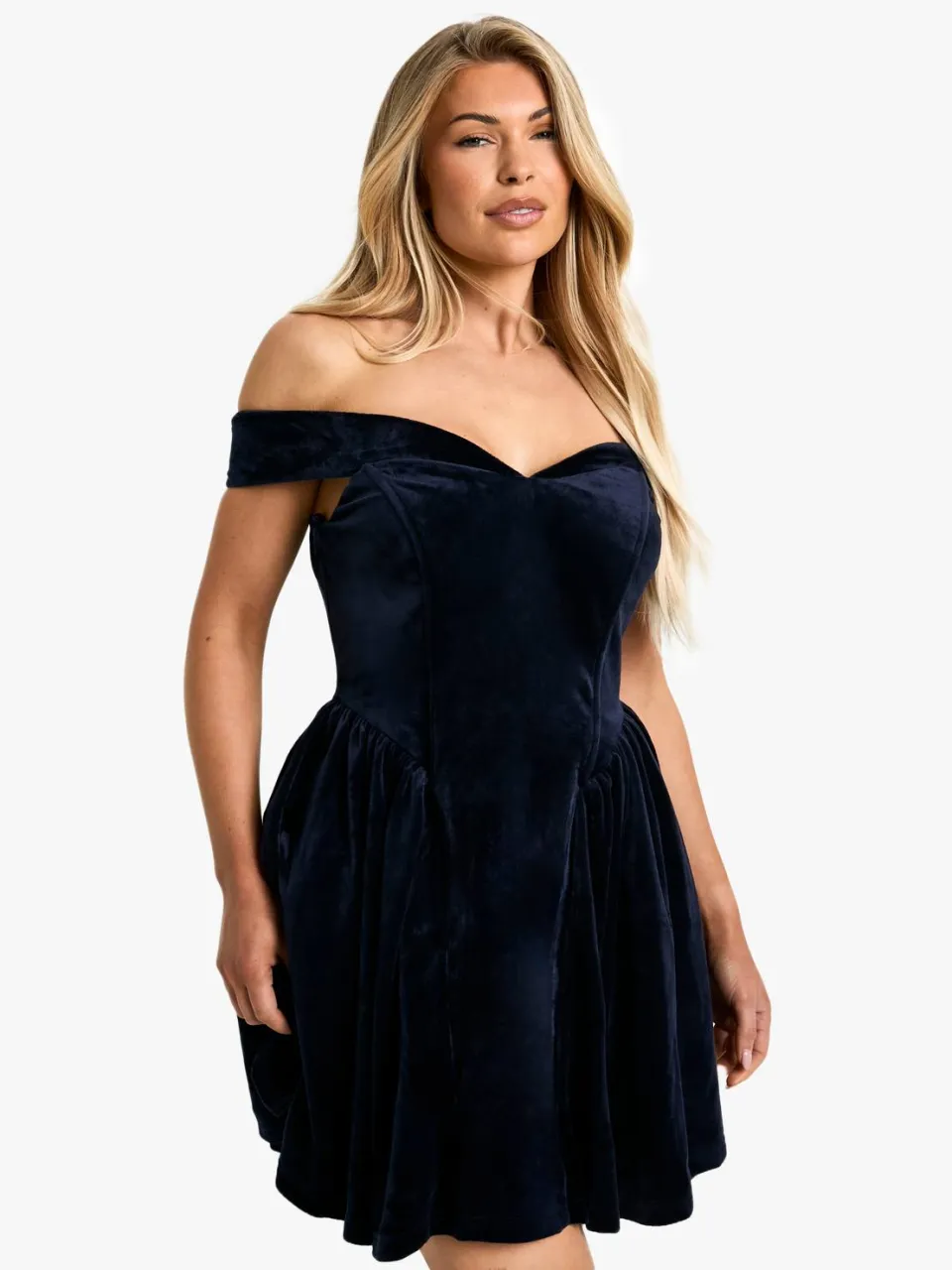 boohoo Dames Velvet Bardot Gestructureerde Skaterjurk marineblauw, foto 2