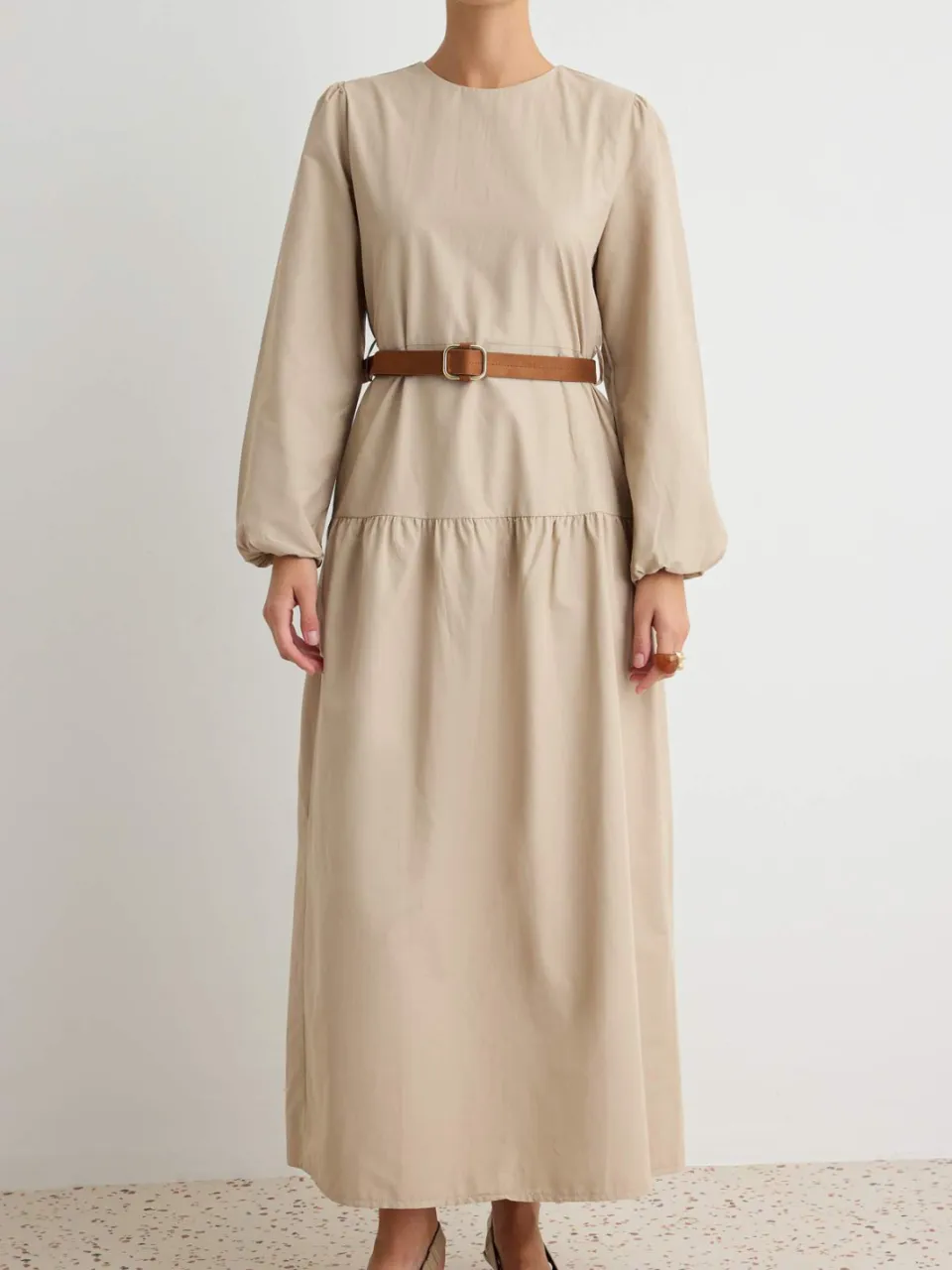 Trendyol Modest Dames Beige Effen Maxi Lang Casual Skater Modest Jurken, foto 2