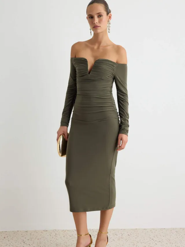 Trendyol TRENDYOLMİLLA Dames Kaki Effen Maxi Driekwart mouw Stijlvol/Avond Bodycon Jurken