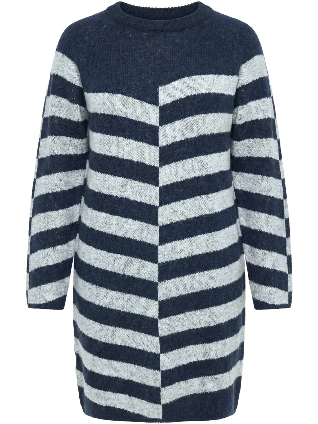 Ulla Popken Dames - Gebreide jurk jacquard-breisel opstaande kraag - Marine - Maat 46+