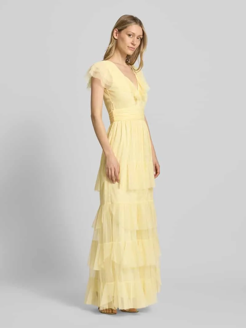 Lace & Beads Maxijurk met V-hals en taillestrik geel, foto 3