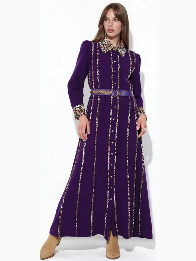 MSN Collection Luipaardprint Maxi Hemdjurk Paars