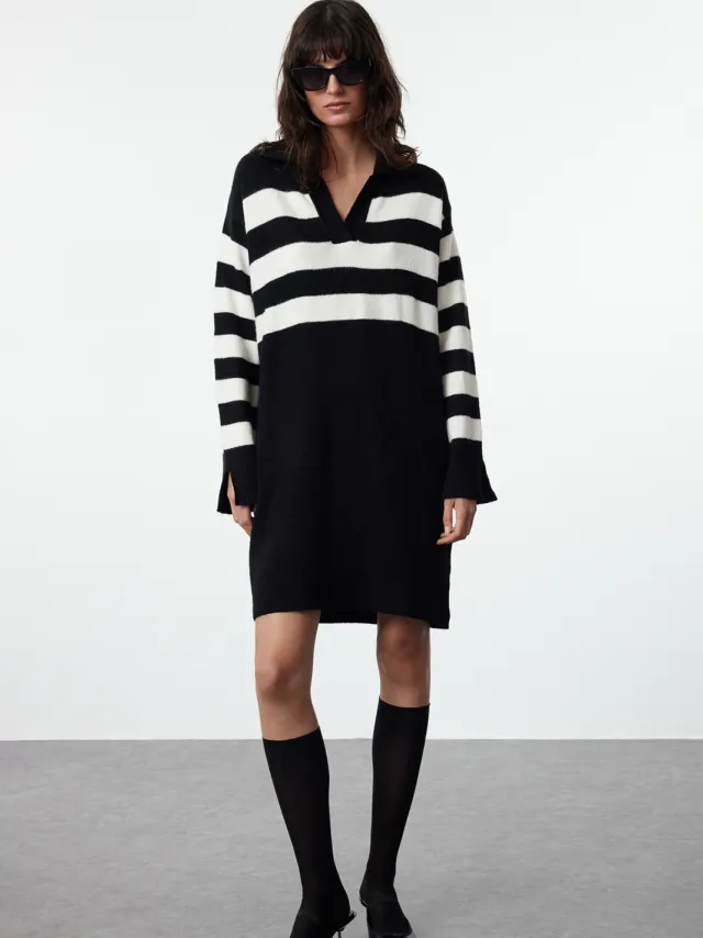 Trendyol TRENDYOLMİLLA Dames Zwart Gestreept Extra Kort / Super Mini Lang Casual Recht Jurken