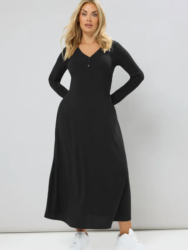 Yours Zwarte Geribbelde Henley Maxijurk Black