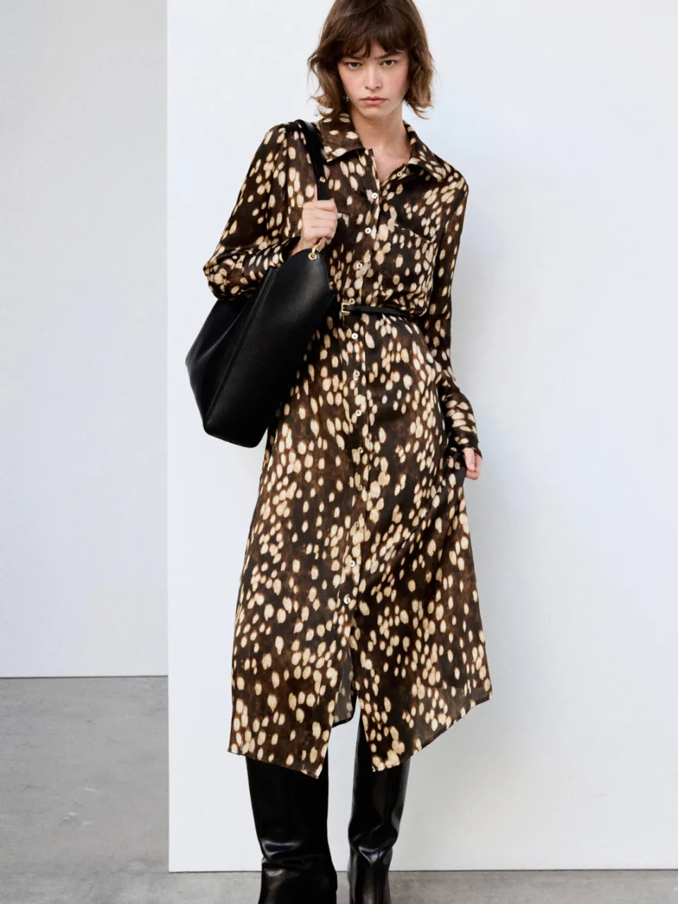 Mango midi blousejurk met ceintuur en print - bruin, foto 5