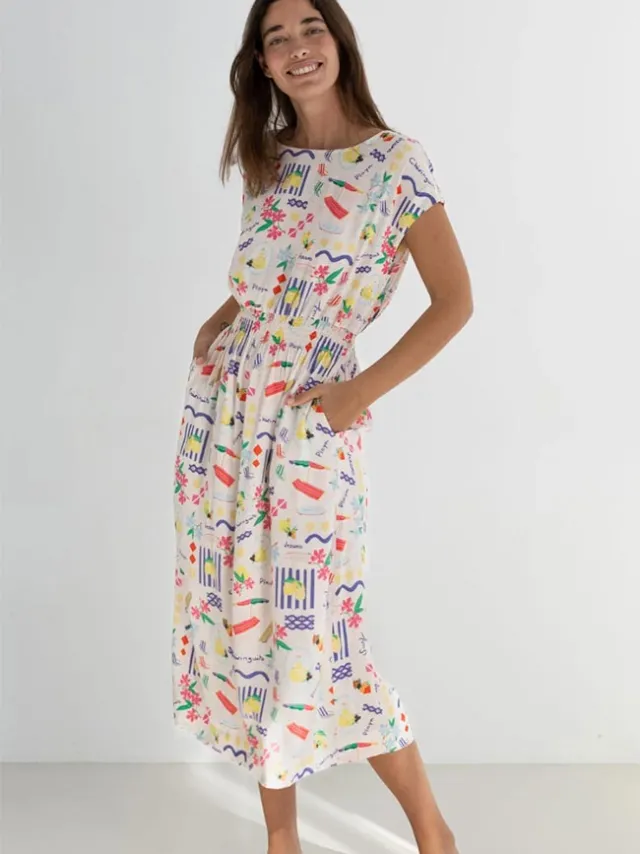 TWOTHIRDS dames vegan Jurk Biodola Chiringuito Print Blauw Crème