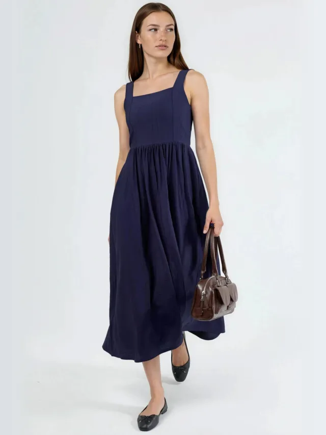 Busem Effen Midi Jurk met Vierkante Kraag Marineblauw