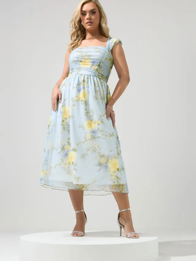 Yours London Blauwe Skaterjurk Met Bloemenprint, Mesh En Stippen Blue