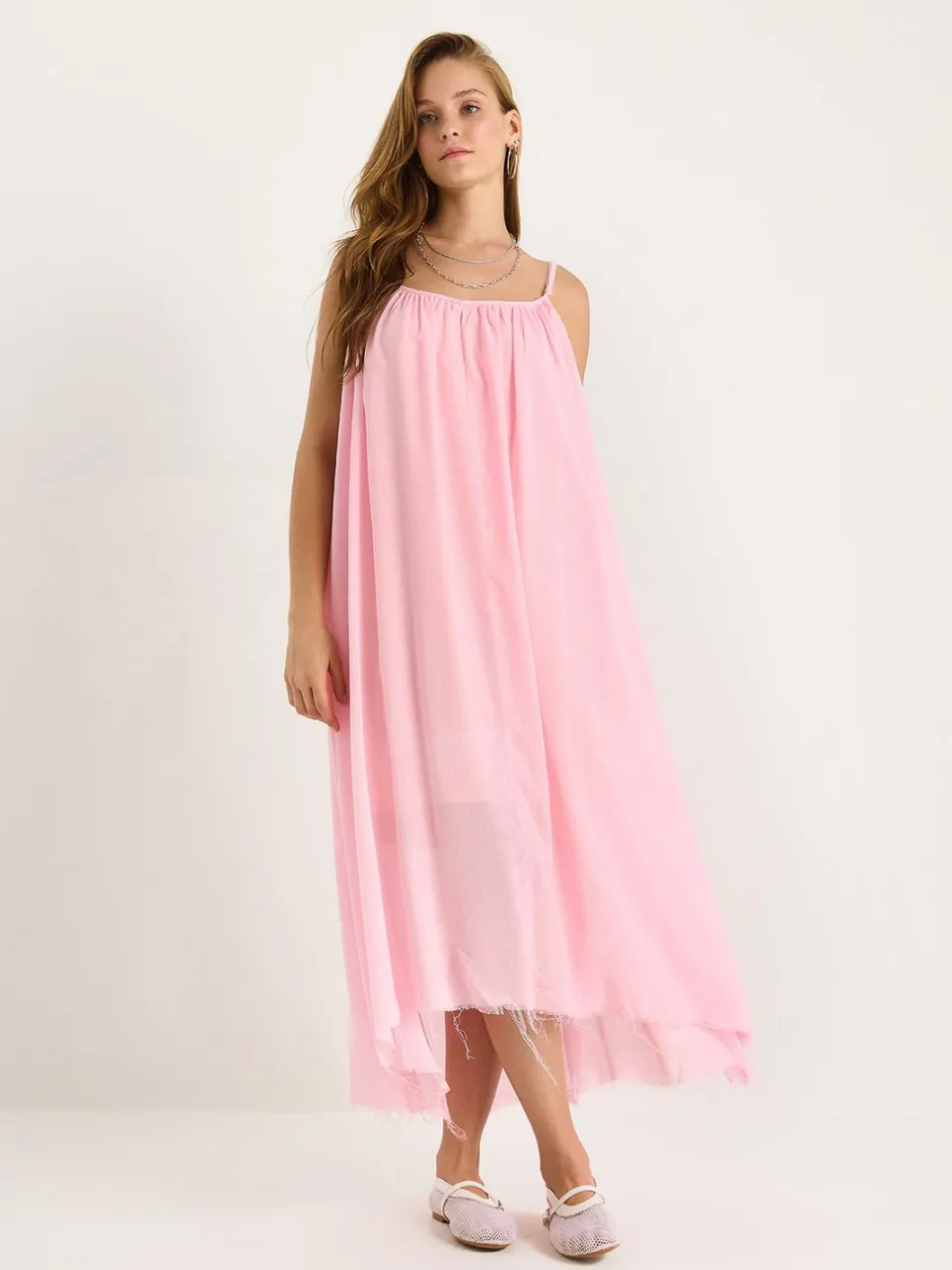 Bianco Lucci Effen Spaghetti Draagband Muslin Midi Jurk met Transparante Zoom lichtroze, foto 2
