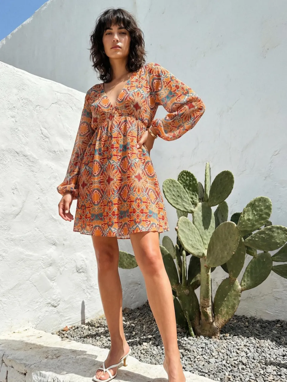 Trendyol TRENDYOLMİLLA Dames Oranje Etnisch patroon Kort / Mini Lang Casual Skater Jurken, foto 2
