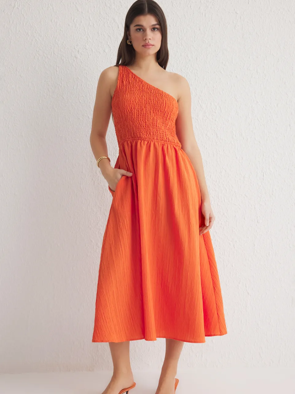 Trendyol TRENDYOLMİLLA Dames Oranje Effen Midi Mouwloos Casual Skater Jurken, foto 2